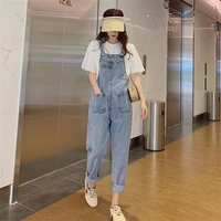 denim women jumpsuits vintage button pockets japanese style sweet fresh trendy ins full length straight all match loose students