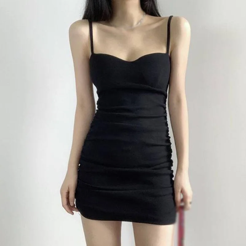 

Women Sexy Slim Sleeveless Dresses Solid Folds Elegant Fashion Korean Mini Empire Summer Casual Female New