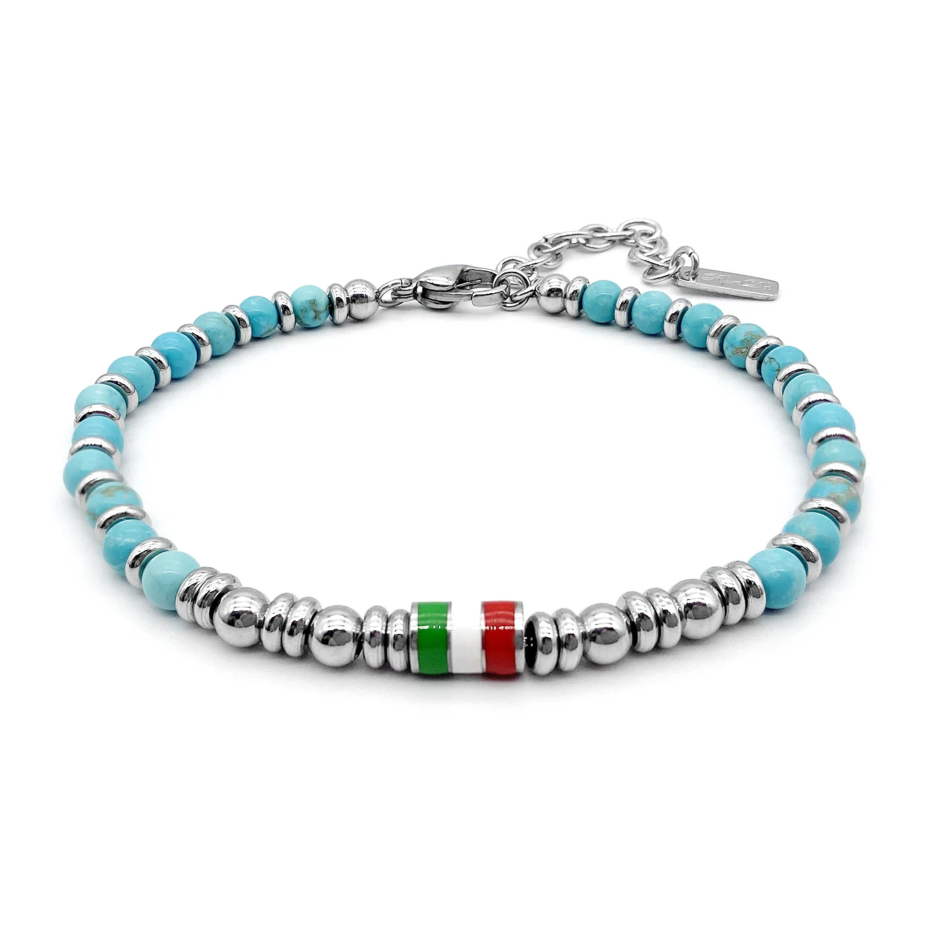 

Runda Men’s Natural Stone Bracelet Turquoises 4mm with Enamel Flag Stainless Steel Adjustable Size 22cm Handmade Stone Bracelet