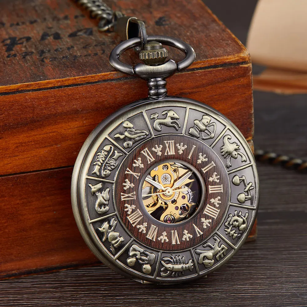 Vintage Number Dial Mechanical Pocket Watch Wood Circle Carved Men Unique Hollow Steampunk Retro Mechanical Clock Watches Chain