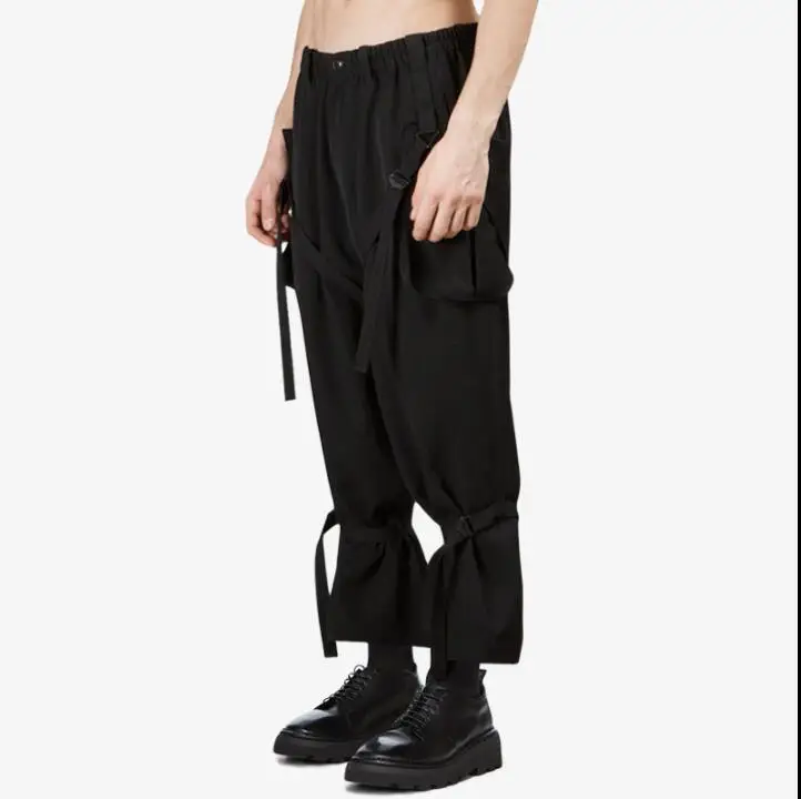 Men's Fashion Trend Black Strap Wide Leg Pants Men's Loose 2023 New Japanese Vintage Straight Leg Pants