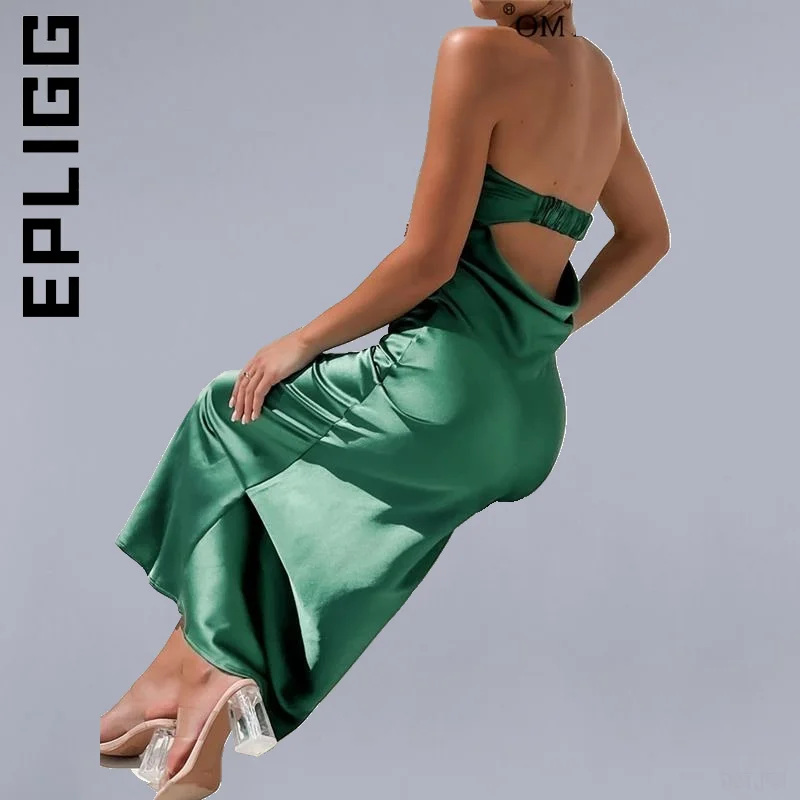 

Epligg Fashion Backless Slim Hollow Out Satin Basic Strapless Sexy Maxi Dress Elegant Chic Streetwear All-Match Club Female