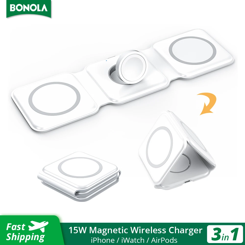 Bonola 15w carregador sem fio magnético 3 em 1 suporte dobrável para iphone 13 12 pro/airpod pro 3/iwatch 7 6 carregadores rápidos portáteis