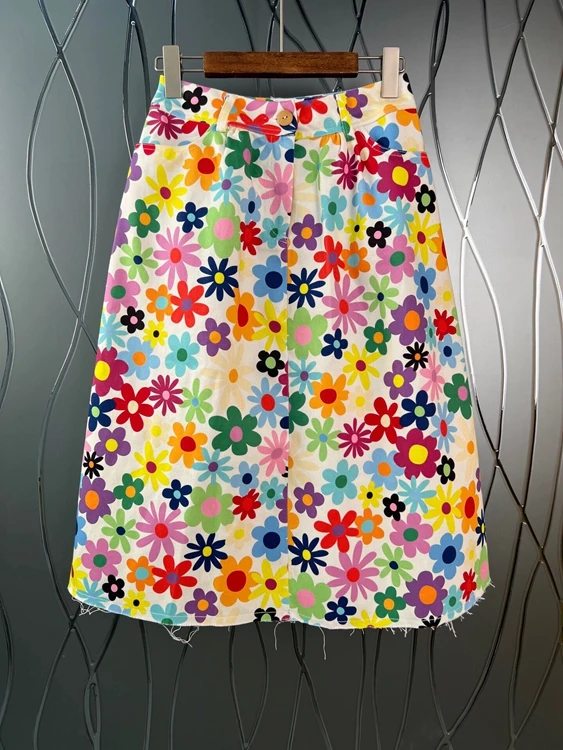 

2022 new women fashion flower pattern color matching decoration A-line hem all-match mid-length skirt 614