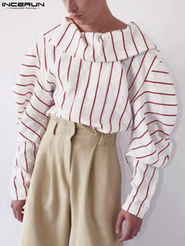 

American Style Men Striped Large Lapel Blouse Casual Party Shows Hot Sale Male Loose Long Sleeve Shirts S-5XL INCERUN Tops 2022
