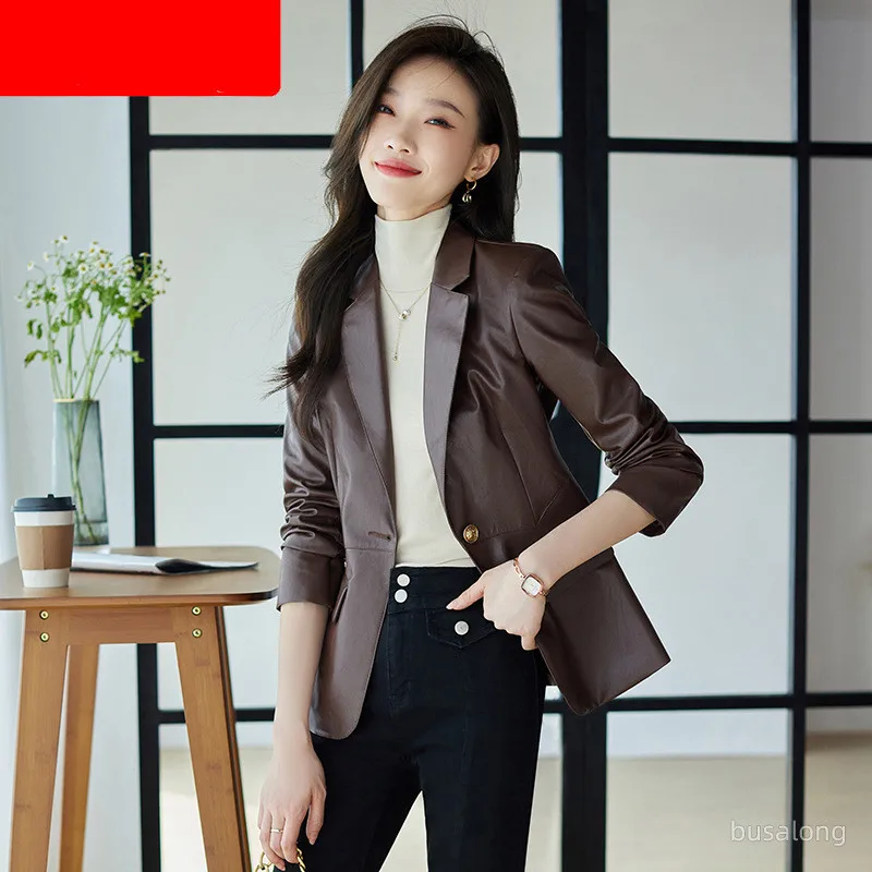 KoHuiJoo Plus Size Leather Coat Women Vintage 2022 Long Sleeve Formal Office Casual PU Leather Jackets With Designs Ladies S-4XL