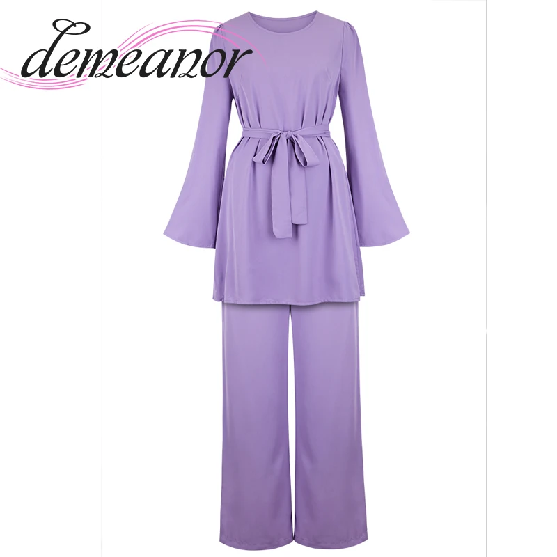 

2022 New Tunic Women's Combination Muslim Pants Set New Season Pearl Crepe Premium Fabric Elastic Waist Pants Turkish Purple