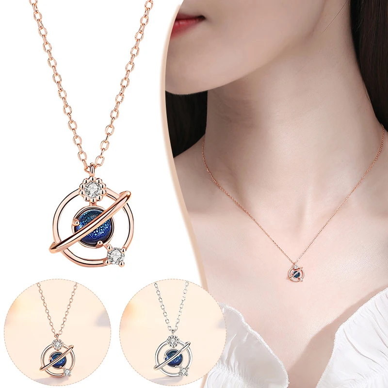 

Silver Planet Pendant Necklace with Zircon Elegant Collarbone Chain Necklace Silver Planet Pendant Necklace for Women H9