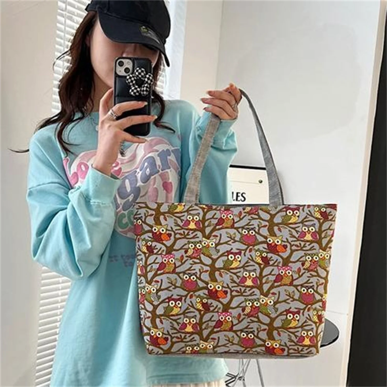 

The Owl Printed Stripe Printing Casualbag Retro Beach Bag Women Fashion Shoulder Bag Ethnic Style Canvas Tote Bag