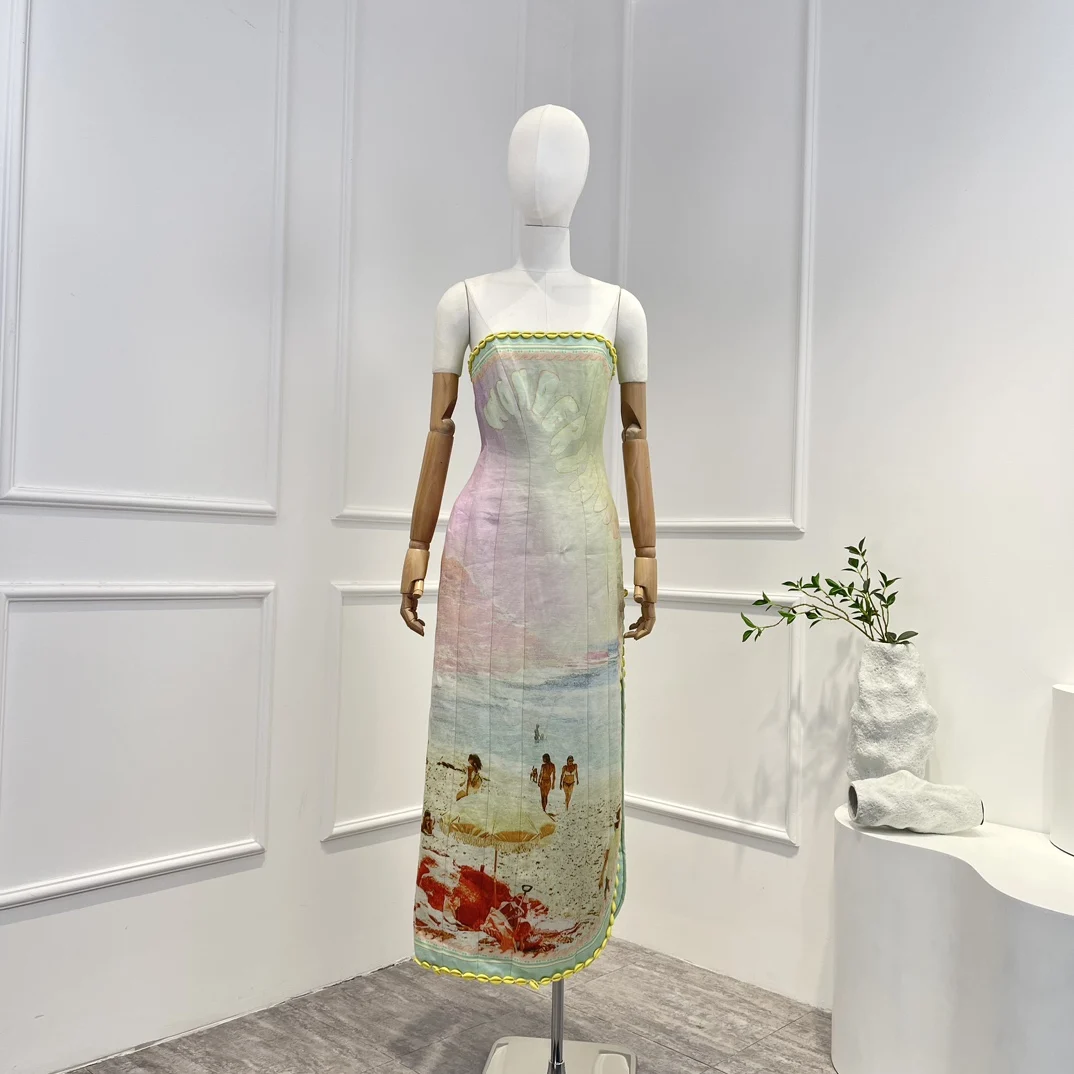 

2023 New Beach Style Summer High Quality Shells Sea Printing Multi-color Side Slit Sleeveless Waist Midi Dress for Woman
