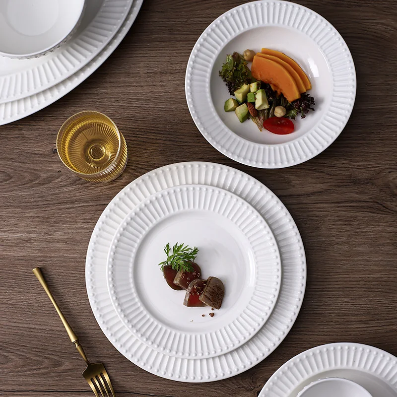 

Nordic Ceramic Dinner Plates Rice Soup Bowl White Embossed Tableware Round Salad Bowls Western Steak Plate Restaurant Dinnerware