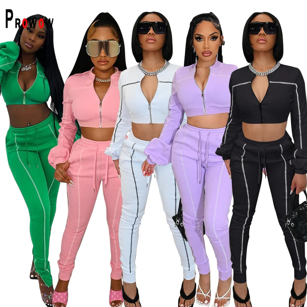 

Prowow Women Tracksuits Zipper Cropped Tops High Waisted Pant Two Piece Spring Fall Sporty Suits New Solid Color Female Outfits