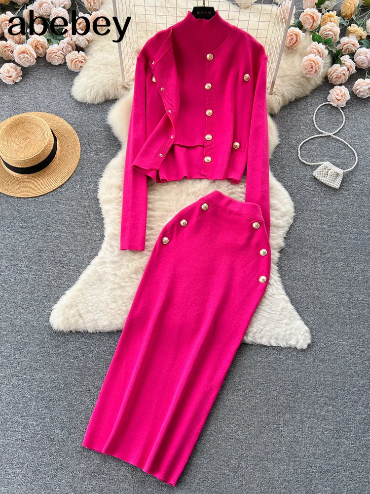 

Зимние Модные вязаные костюмы, женский облегающий Трикотажный жилет + эластичная длинная юбка + теплые кардиганы 2023, офисные комплекты из трех предметов