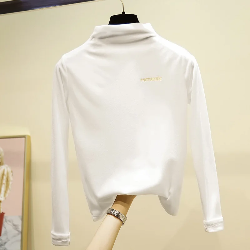 

Sutimine Winter Women Shirts Turtleneck Shirt Velvet Fleece Soft T shirt Solid Long Sleeve Fitness Slimming Bottom Pink Top