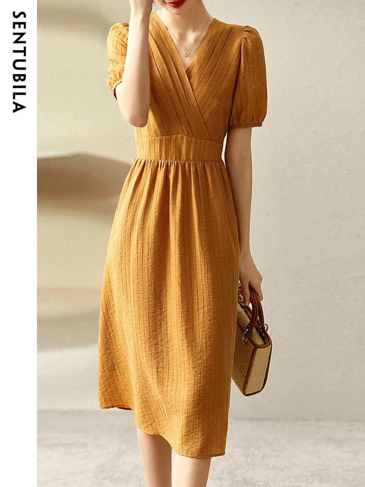 

Sentubila Elegant Orange Summer Dresses for Women 2023 Puff Sleeve V-Neck Slim Hight Waist Ruched Vintage Midi Ladies Dress