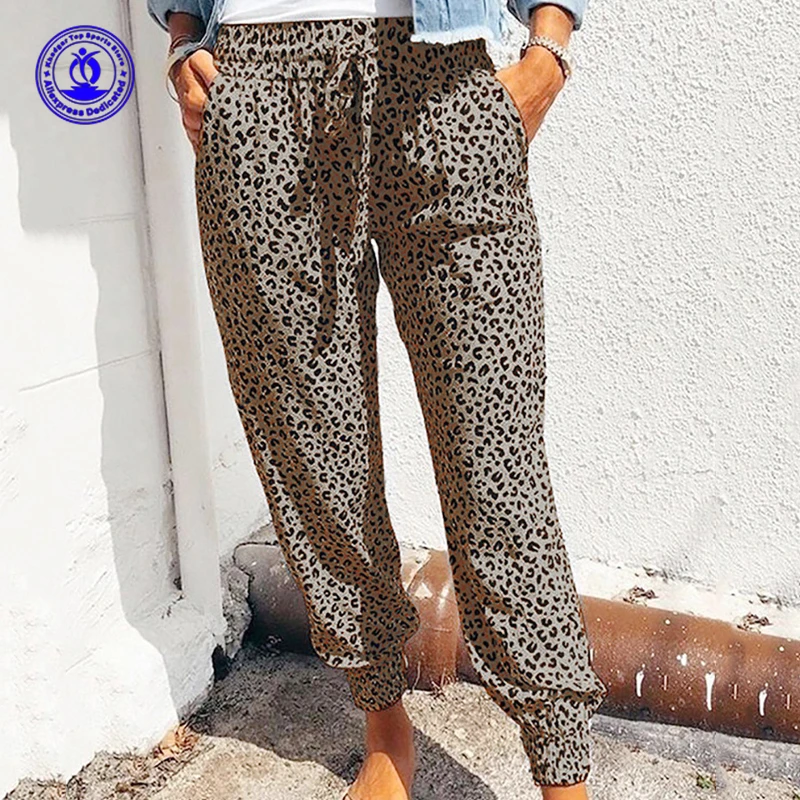 Women Leopard Printed Trousers Loose Drawstring Waist Long Pants with Pockets For Daily Summer Spring Fall Ankle-tie Streetwear