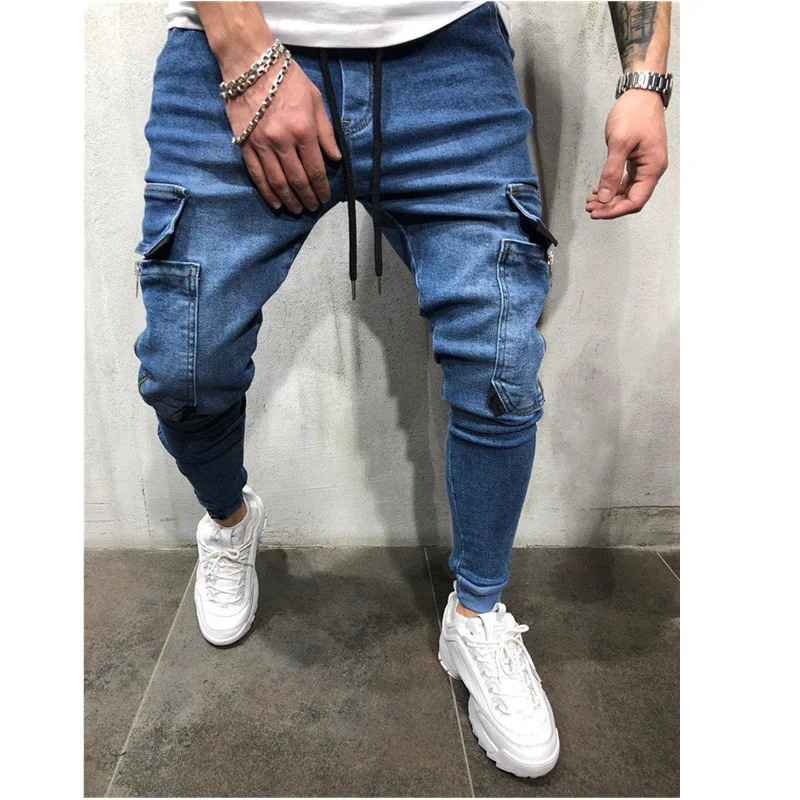 Men Jeans Spring Summer Solid Slim-Fit Pocket Stitching Jeans Men's Lace-up Mid-Waist Denim Pencil Pants Trousers Sports Pants