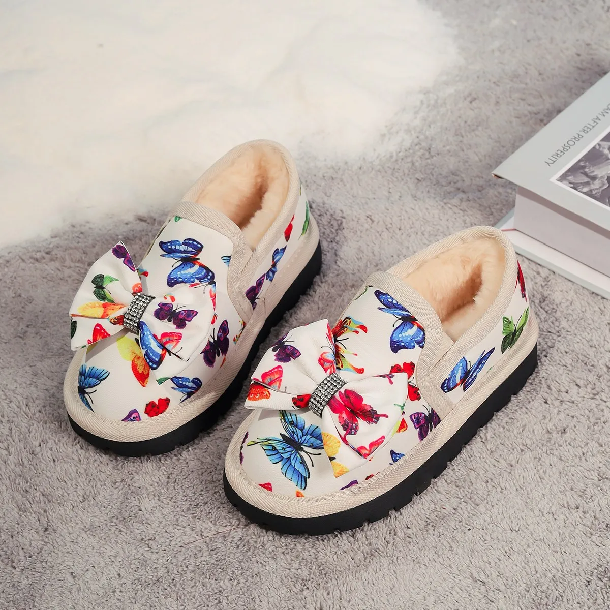 Зимняя Детская Обувь Без Шнуровки На Плоской Подошве С Искусственным Бантом