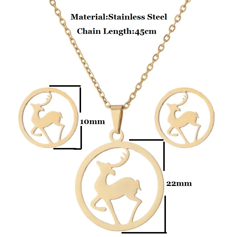 

Fashion Deer Pendant Necklace Jewelry Set Simple Round Deer Necklace Stainless Steel Stud Earrings Women'S Party Gift