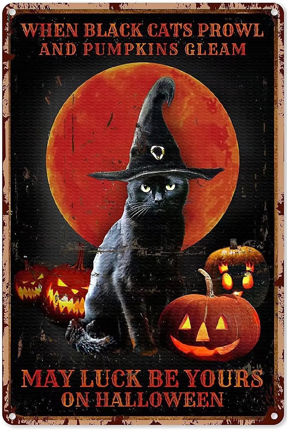 

Черная кошка на Хэллоуин, металлический жестяной знак, когда черные кошки, тыквы, мерцающие, дневной знак