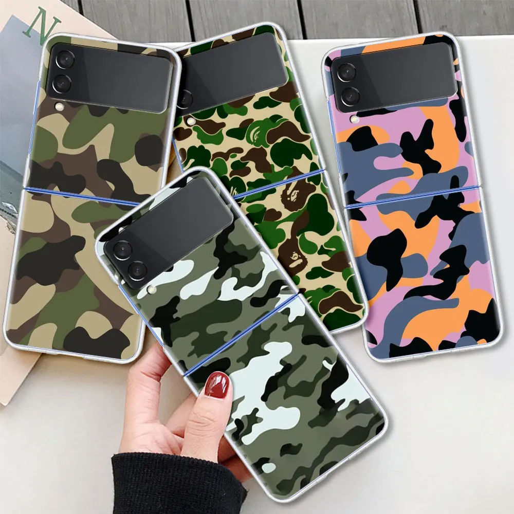 

Camouflage Pattern For Samsung Galaxy Z Flip 3 Case Folding anti-fall for Samsung ZFlip3 Z Flip3 5G Transparent Protective Cover