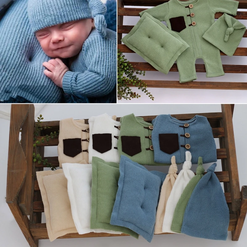

3Pcs/Set Baby Photography Props Outfits Boy Girl Stretch Elf Knot Sleepy Hat Bodysuit Pillow Accessories Jumpsuit Pajama QX2D