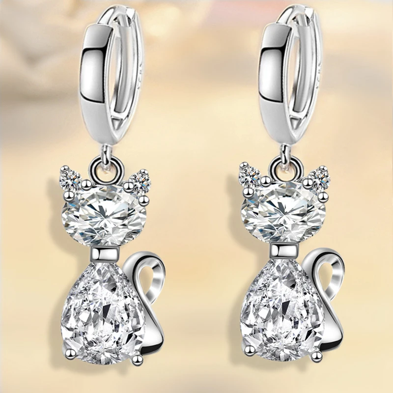 

New 925 Stamp Silver Plated Women Drop Earring Fashion Cute Multicolor Cat Pendant Top Quality Zircon Earrings For Women Jewelry