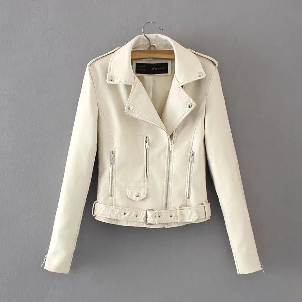 

Winter Autumn Women Faux Leather Jacket Slim Streetwear Khaki Leather Coat Biker Moto Jacket With Belt Female Outerwear