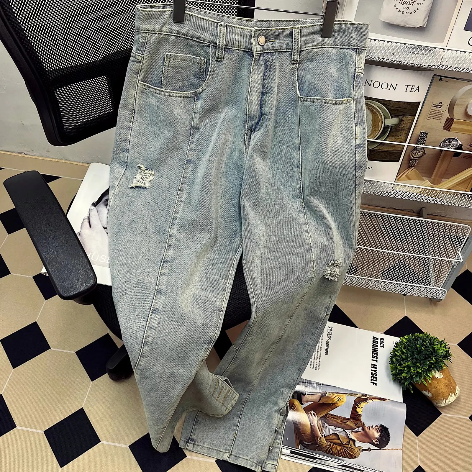 

Letter Embroidery Jeans Men and Women High Street Tide Brand Hip Hop Straight Pants Korean Version Wide Leg Trousers