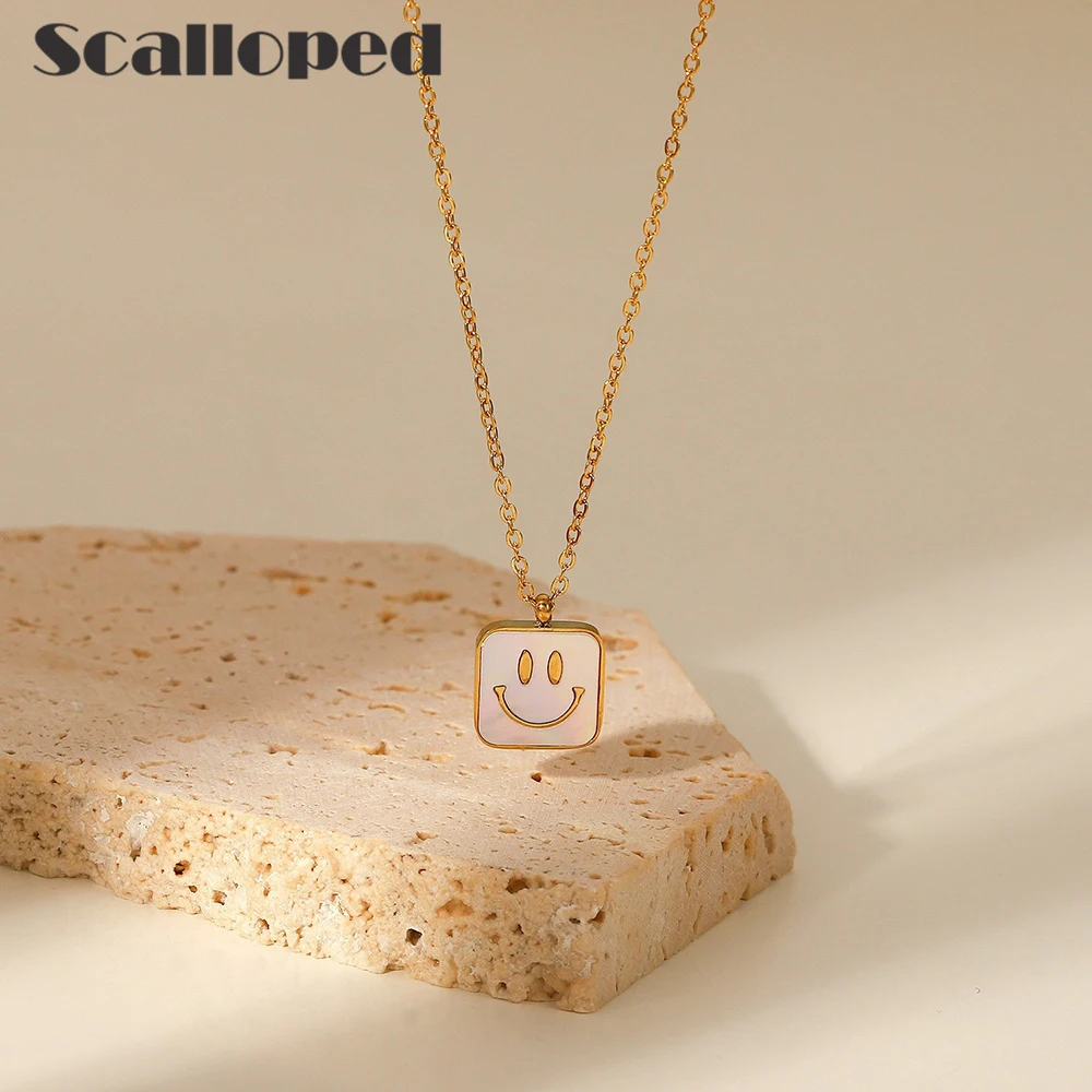 

SCALLOPED Trendy Natural Shell Smiley Necklace Korean Style Exquisite Stainless Steel Clavicle Chain Women Chocker Jewelry