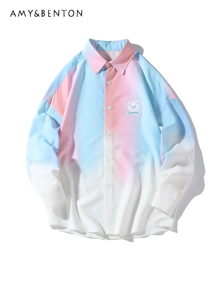 

Рубашка с длинным рукавом для мужчин и женщин, модная уличная одежда с градиентным принтом, свободная повседневная сорочка для пар, подходи...