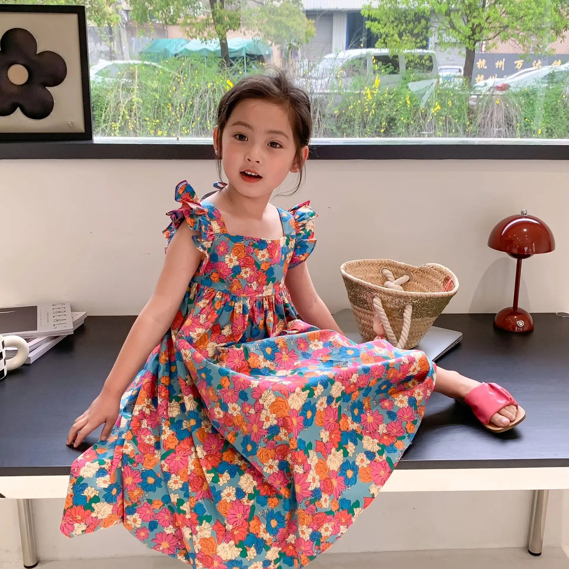 

MILA CHOU 2022 Summer Baby Girls Flowers Dress Children Cute Squars-Collar Long Dress Kids Clothes 2-8Y