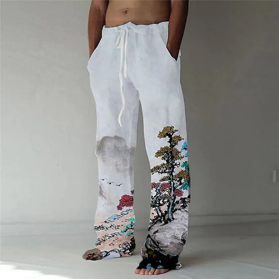 Spring  Men's Fashion Straight Trousers Elastic Drawstring Design Front Pocket Pants Originality Graphic Printed  Comfort Soft