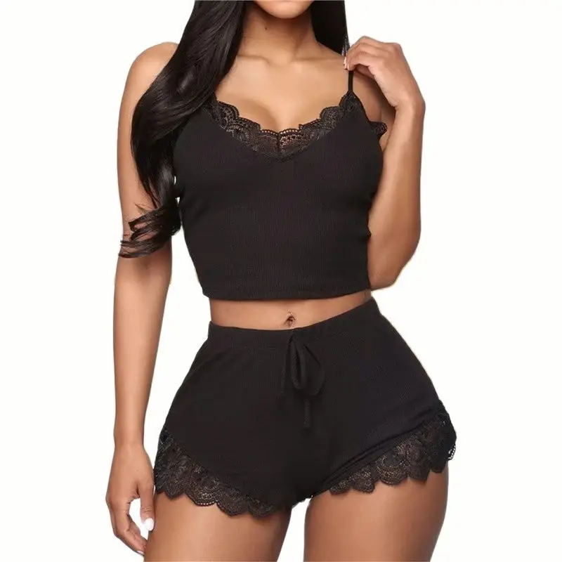 

Pyjama en dentelle pour femmes, vêtements de nuit doux et confortables, sans manches, Sexy, col en v, ensemble 2 pièces, chemise