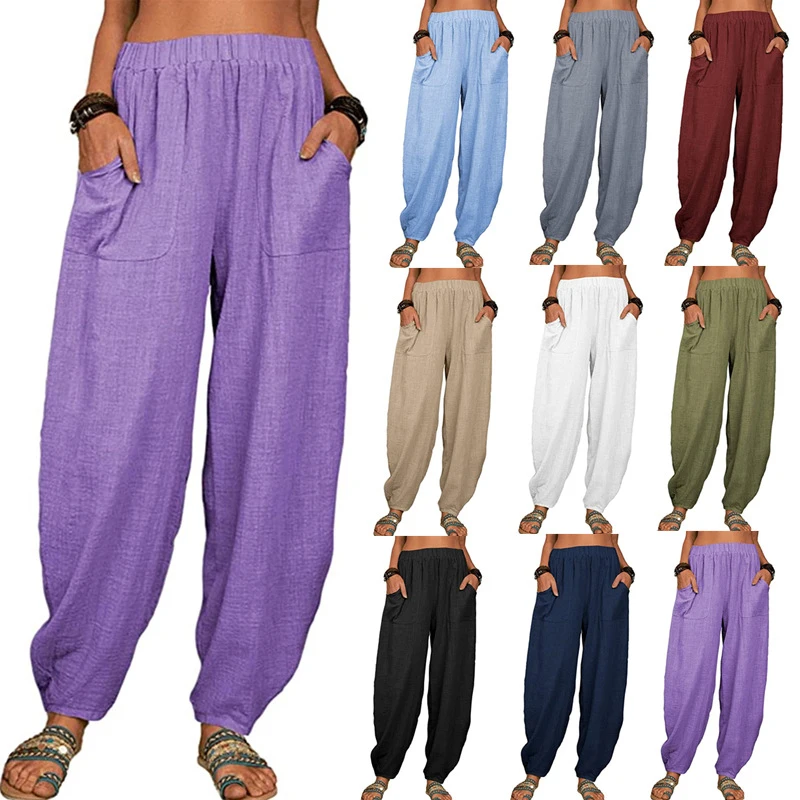 

Women Cotton Linen Pants Solid Color Vintage Boho Beach Trousers High Waist Ladies Pockets Wide Leg Haren Pants Fashion Clothing