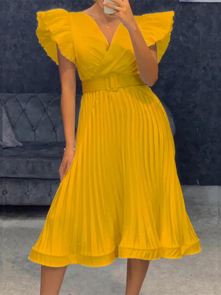 

Solid Pleated Mid-Calf Short Sleeve Ruffles Summer Robe Femme Elegant Whit Belt V-Neck Office Vestidos Casual Women's Dresses