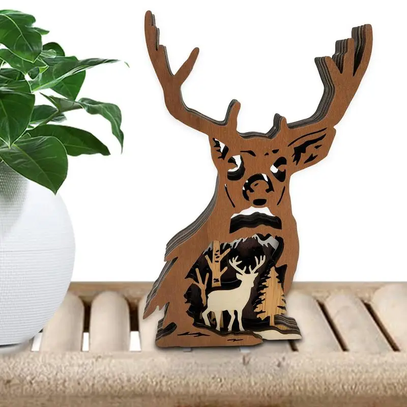 

Multi-layer Wood Art 3D Forest Elk Wood Crafts Forest Animals Carved Crafts Multi-layer Silhouette Figurine Wall Table Shelf