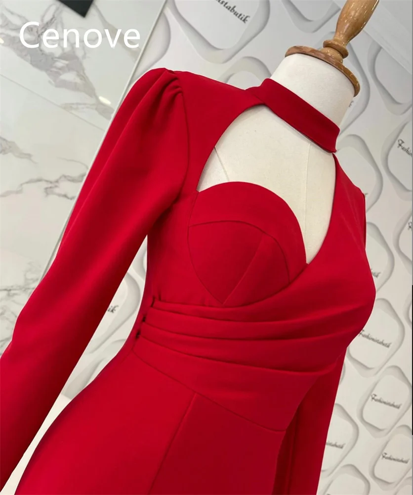 

Cenove Red Halter Neckline Prom Dress Long Sleeves With Short Length Evening Elegant Party Dress For Women2023