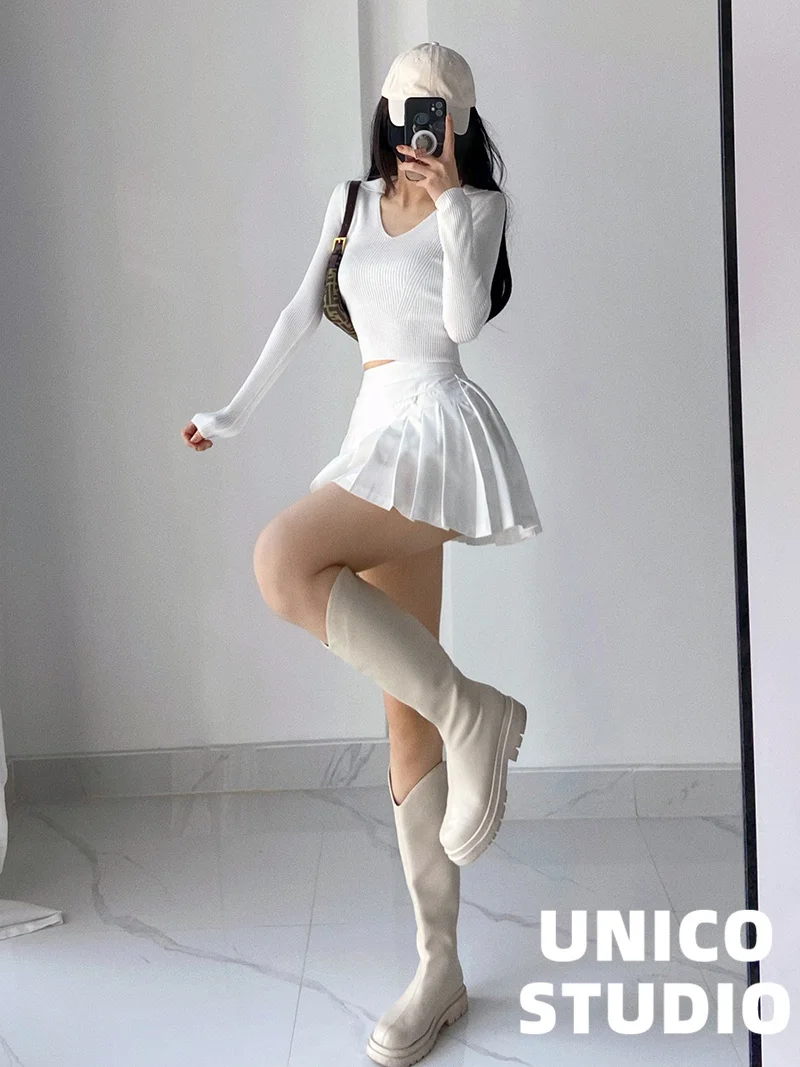 

College WOMONGAGA Youth Style Hot Girl High Waist Thin Pleated Mini A-Line Skirt Summer Solid Color Sexy Women's Clothing 7XTV