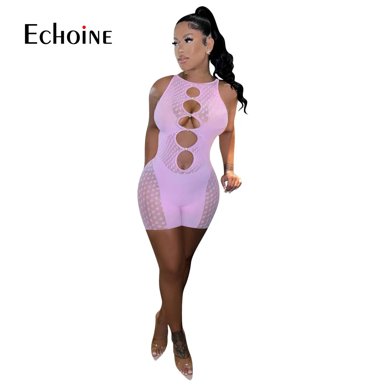 Женский сетчатый комбинезон в горошек без рукавов |