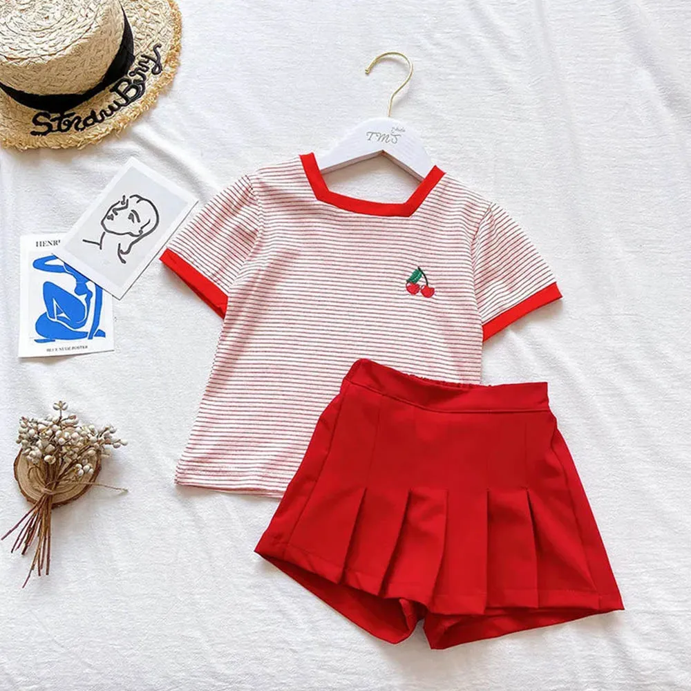 

Infant Baby Girls Sweet Outfits 2022 Summer Baby Girl Cherry Striped Short-sleeved T-shirt + Skirt Pants Two-piece Set Girl Suit