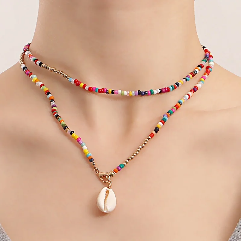 

Женское Двухслойное ожерелье в стиле бохо, кулон в виде ракушки с разноцветными рисовыми бусинами в стиле панк, ювелирные аксессуары для ле...