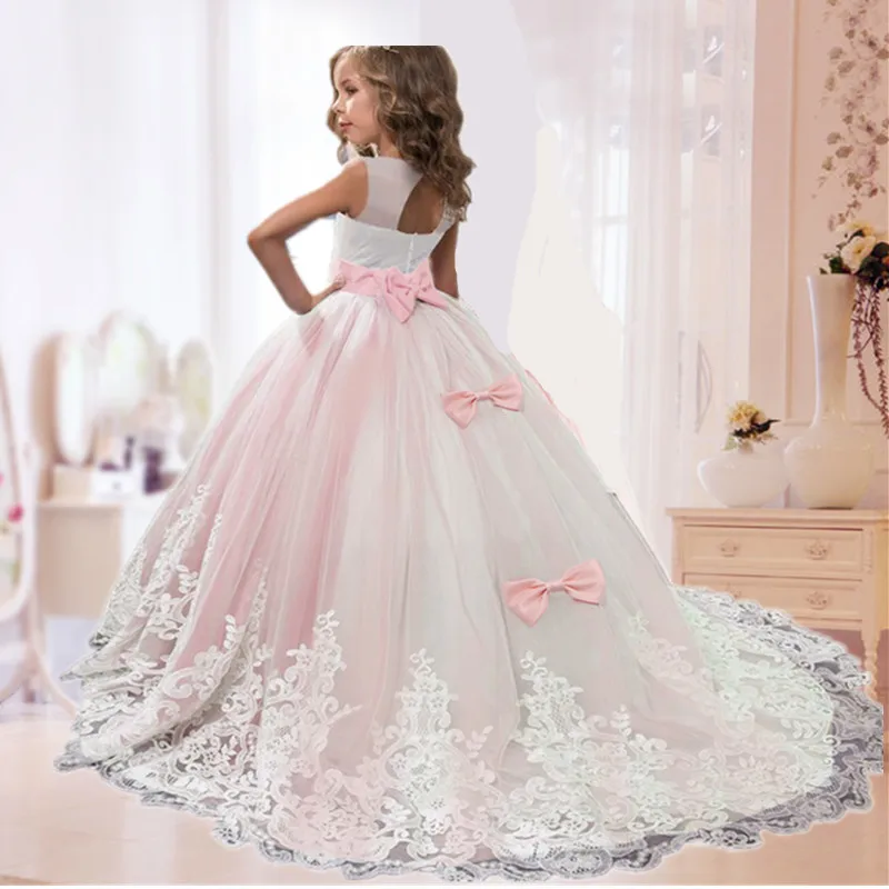 

Pink Flower Princess Dress for Girls Bridesmaid Wedding Ceremony Bow Long Gown Children Formal Gala Costume Evening Party Cloth