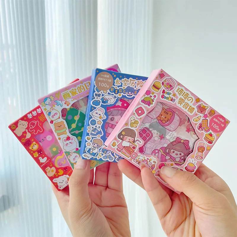 100pcs/box Creative Cute Sticker Kawaii Girl Cartoon Animal Bear Sticker for DIY Decorative Scrapbook Journal Sudent Supplies