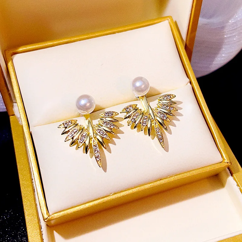 

New Fashion Silver Needle Gold Angel Wing Micro Set Pearl Zircon Earrings Jewelry As A Jewelry Gift for Women Girl