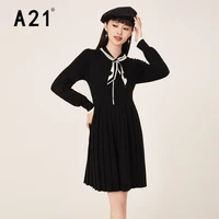 a21 black chic preppy style women autumn winter dress scarf collar long sleeve ladies elegant midi pleated dresses robe 2022