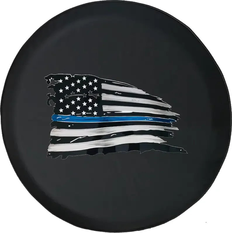 

Thin Blue Line Flag Tire Cover for Jeep, Camper, SUV With or Without Backup Camera Hole