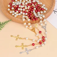 catholic pearl long chain cross necklace rosary cross jesus religious jewelry cruz jes%c3%bas joyer%c3%ada religiosa