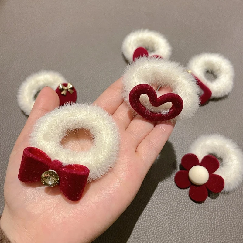 

6PCS/Set Girls Rubber Band Elastic Hair bands Cartoon Red Plush Hair Scrunchies Flower Headwear Girl Cute Sweet Hair Accessories