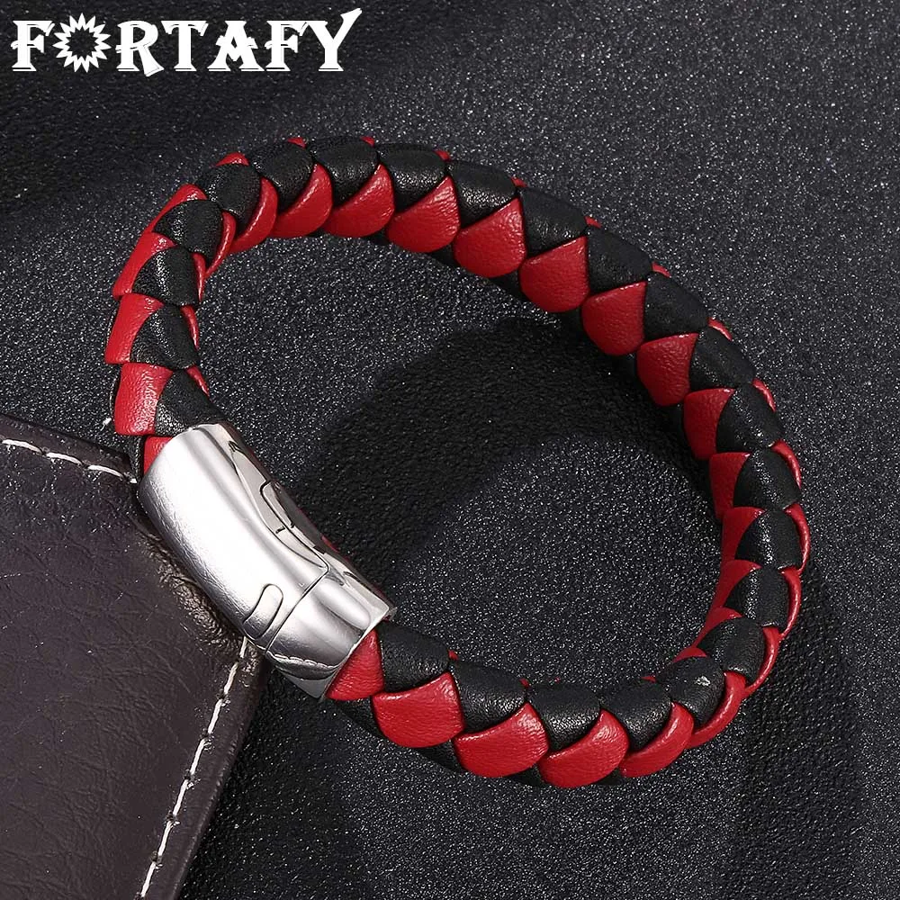 

FORTAFY Male Jewelry Stainless Steel Magnetic Clasp Bracelet Men Vintage Black Red Leather Braided Bracelet Punk Cuir FR0031